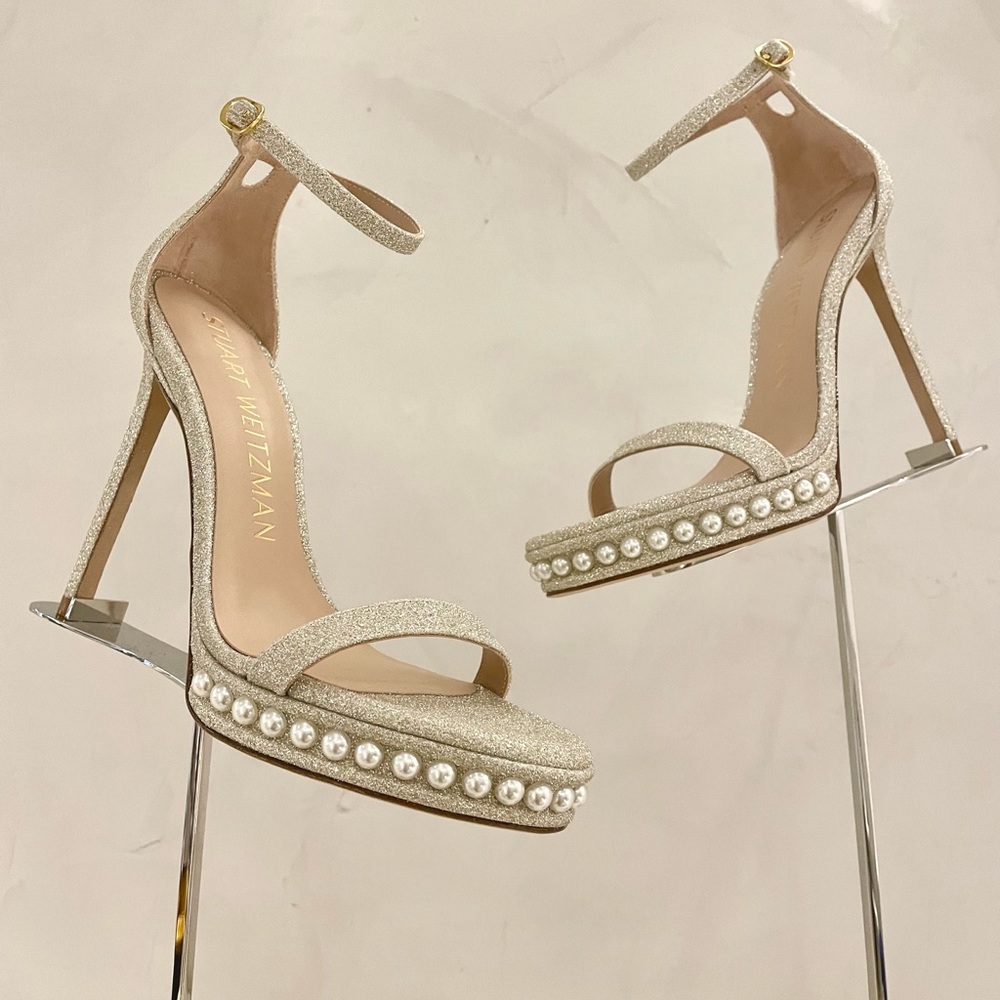 Stuart Weitzman Pearl-Embellished Glitter Platform Sandals in Champagne